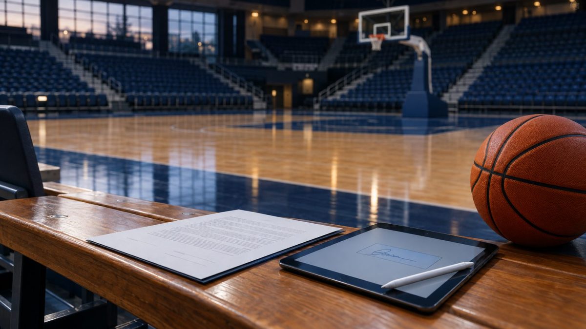 Trainervertrag und Tablet mit digitaler Unterschrift auf der Bank einer Basketballhalle – Sportrecht Bamberg