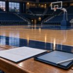 Trainervertrag und Tablet mit digitaler Unterschrift auf der Bank einer Basketballhalle – Sportrecht Bamberg