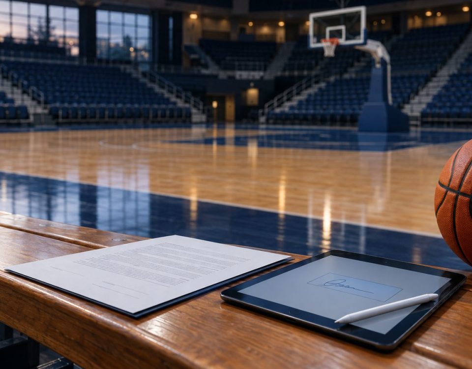 Trainervertrag und Tablet mit digitaler Unterschrift auf der Bank einer Basketballhalle – Sportrecht Bamberg